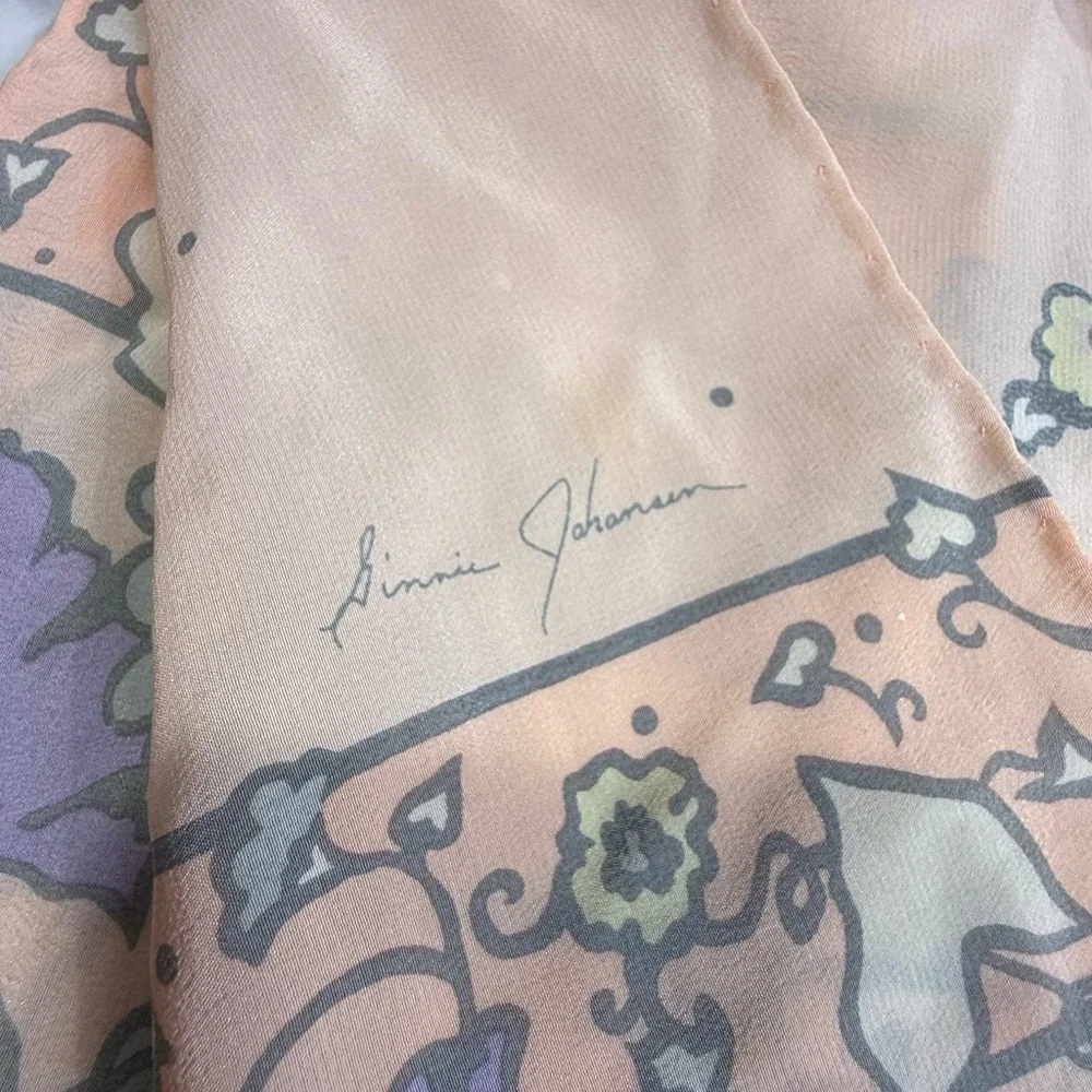 100% silk Vintage Ginnie Johansen peach floral design scarf